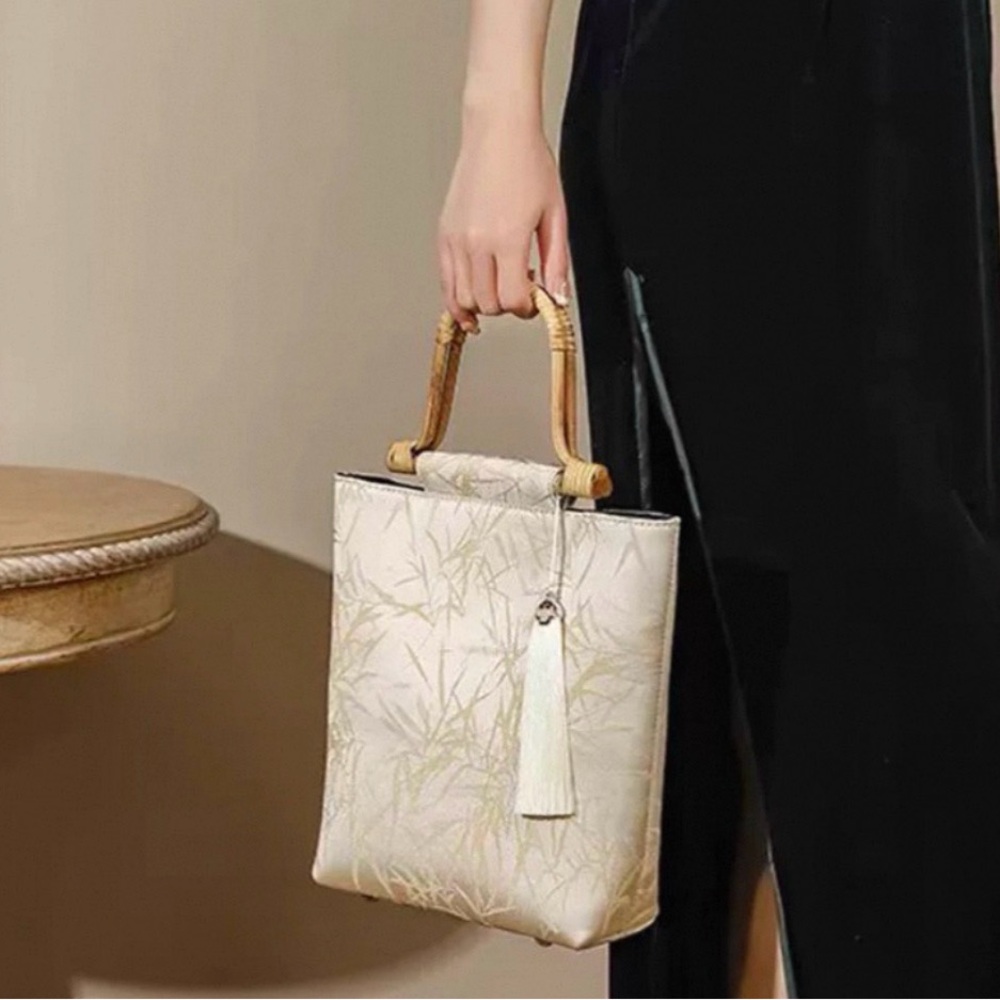 Elegant Cream Bamboo Handle Tote Bag